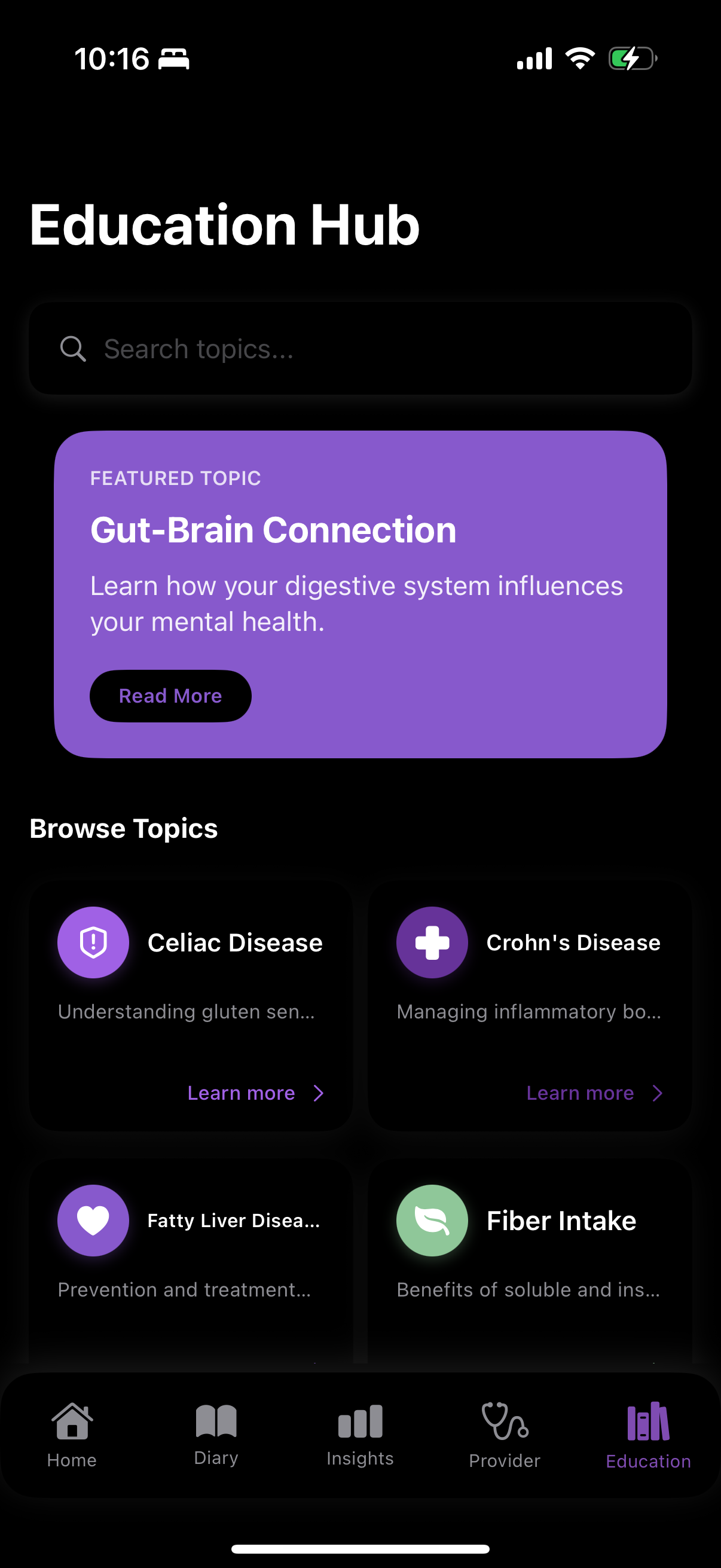 Food Entry Screen with search, FODMAP info, and allergen tags