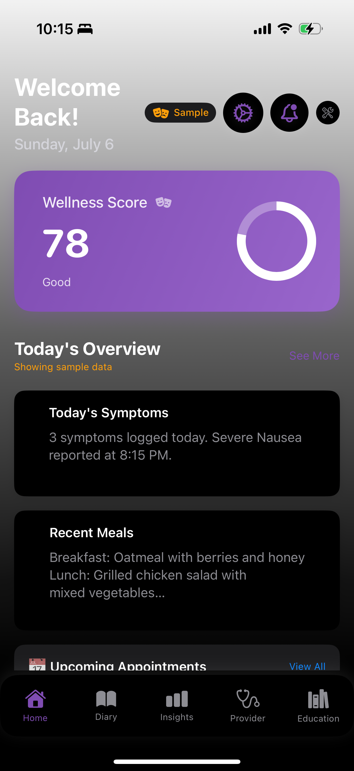 Gut Feelings Home Screen showing Wellness Score and Today's Overview