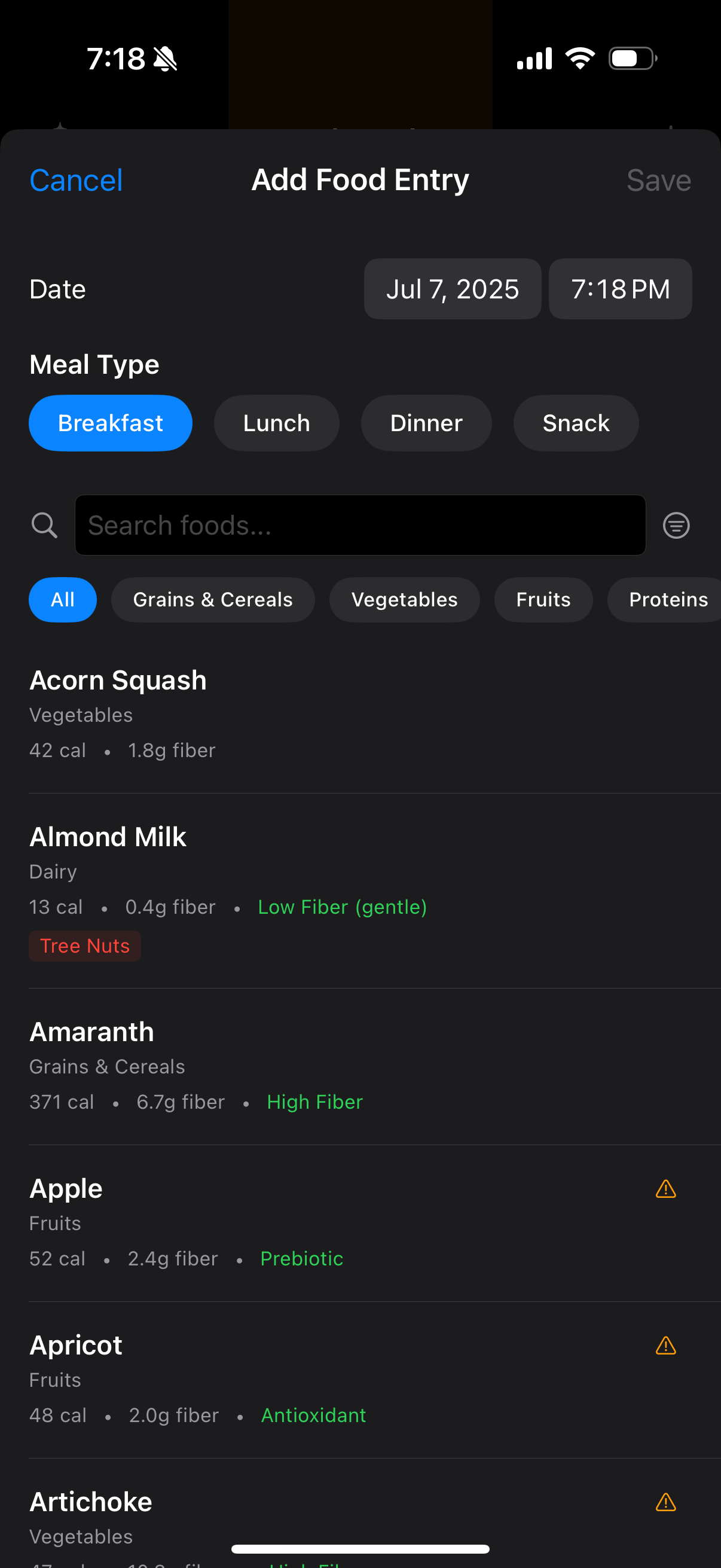 Insights Screen showing correlations and food sensitivities
