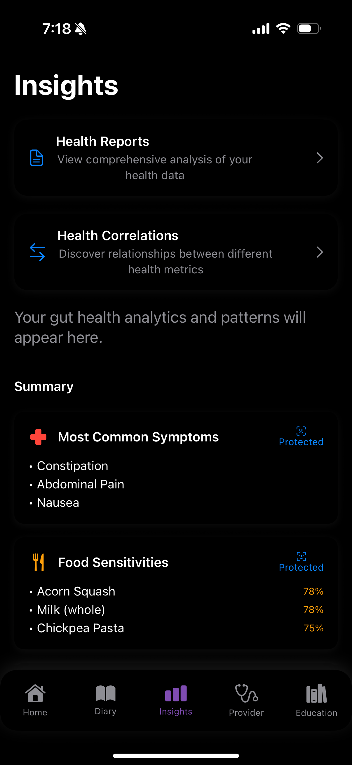 Insights Screen showing Protected badges on sensitive health data